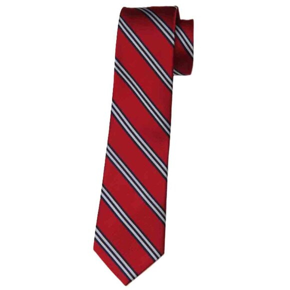 Jos. A. Bank Red Silk Repp Stripe Tie White Navy Blue Men's Long - Picture 1 of 1